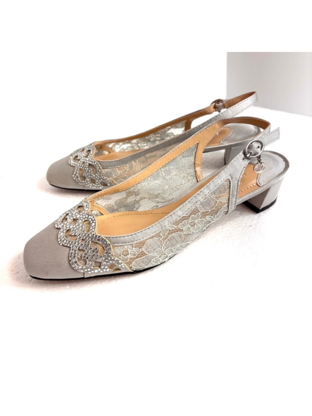 J. Renee Steel Gray Satin Lace Sparkle Faleece Slingback Heels Pumps Women’s 6.5